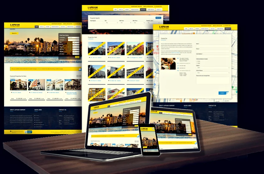 Lapham Company website shown on desktop, laptop, tablet and phone: a yellow-and-navy property site with a find-your-home search, featured rental listings, a properties-sold grid and a contact page with a map.