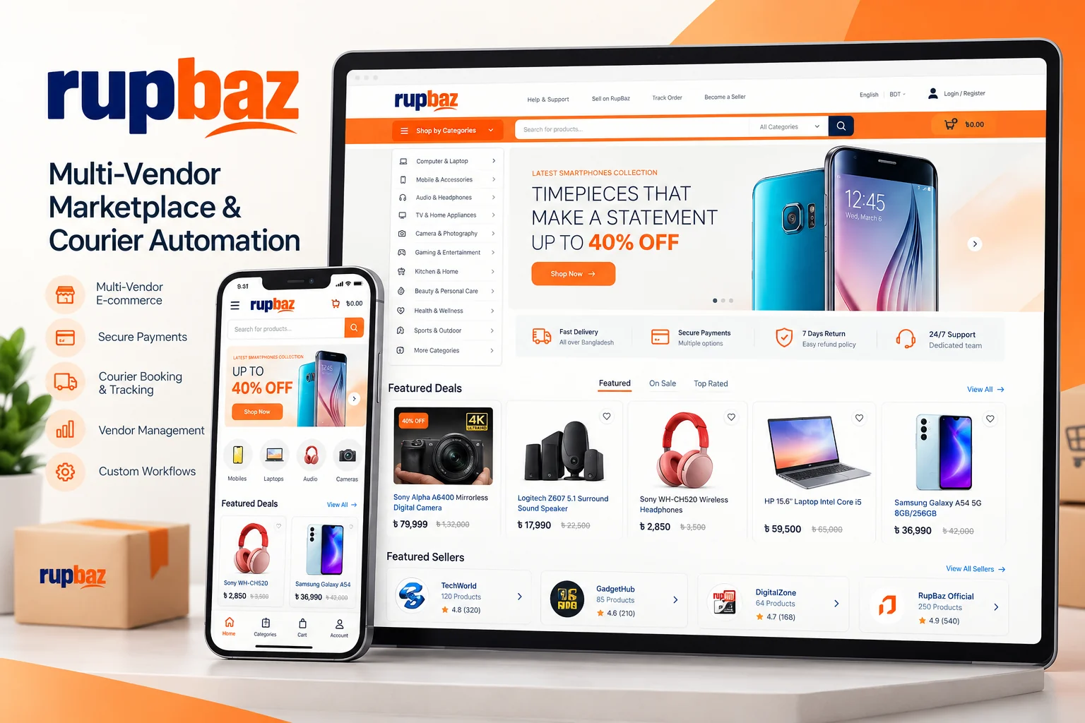 RupBaz multi-vendor marketplace on laptop and phone: an orange-accented storefront with category navigation, a promotional banner, featured deals priced in Bangladeshi taka and a featured sellers row.